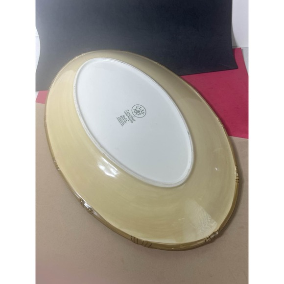 Clay Art Bamboo Edge Hand Painted StoneLite Oval Platter Beige Serving Dish - Picture 2 of 4